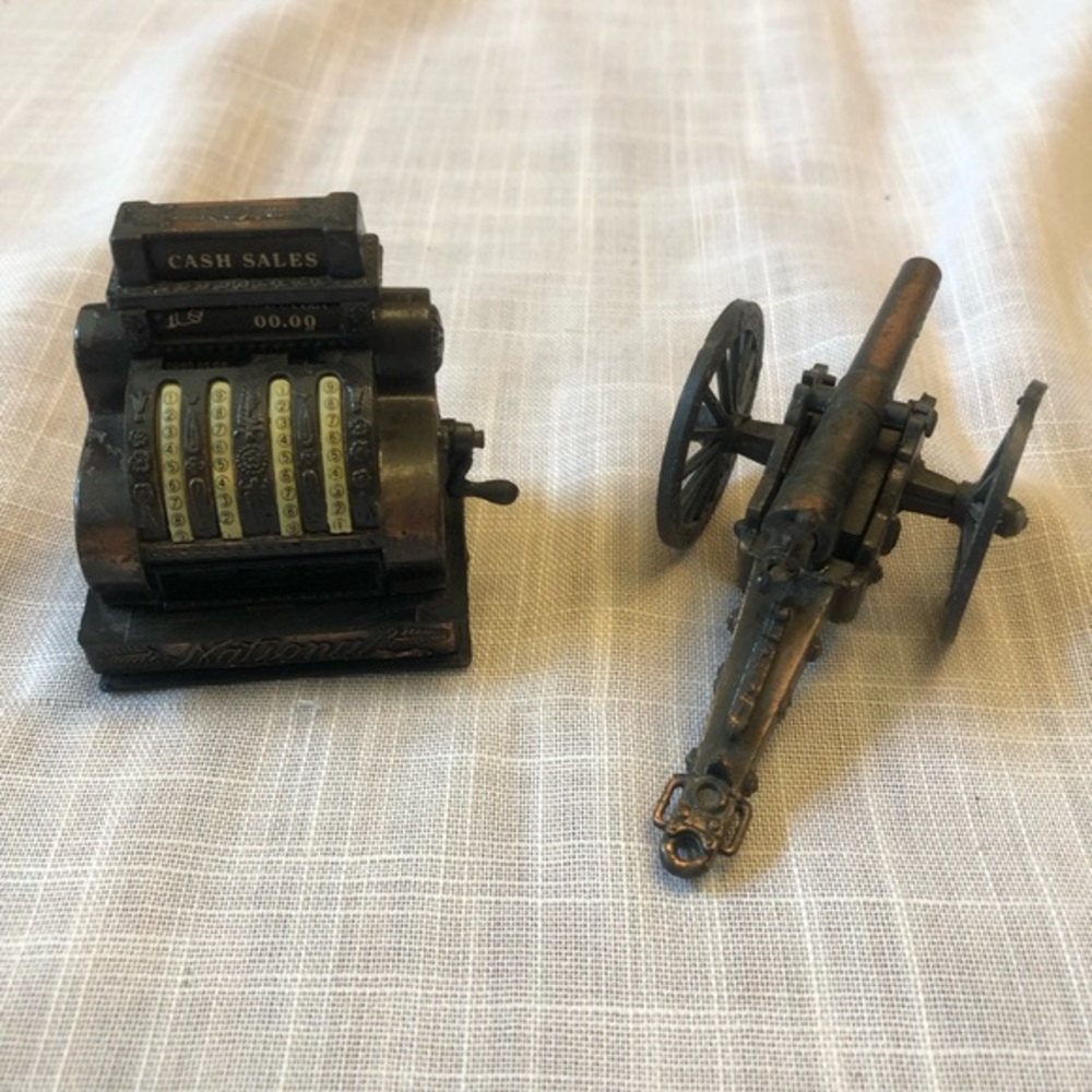 Set of 2 Vintage Miniature Pencil Sharpeners Cash Register & Cannon